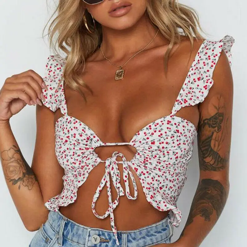 

Women Summer Sexy Sleeveless V-Neck Floral Print Cherry Crop Tops 2019 Ladies White Camis Vest Camisole Top