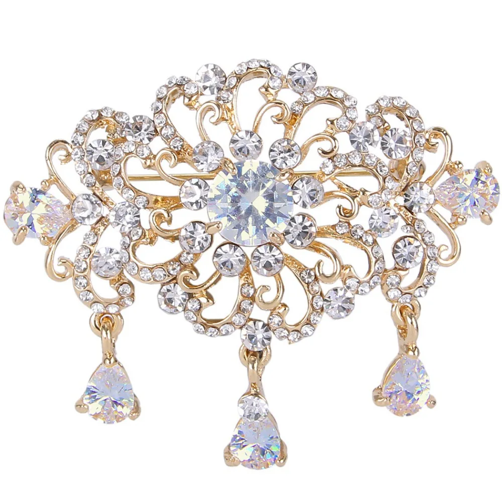 BELLA Fashion Gold Tone Droplet Bridal Brooch Pins Clear Austrian Crystal Dangle Brooches For