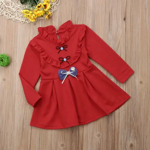 2018 Autumn Flower Girl Princess Bowknot Dress Kids Baby Party Wedding Long Sleeve Ruffle Collar Red Tutu Dresses Clothes | Детская