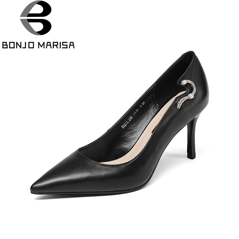 

BONJNOMARISA 2018 Spring Autumn Elegant Concise Bead Women Ol Pumps Genuine Leather Shallow Work Shoes Woman High Heels Footwear