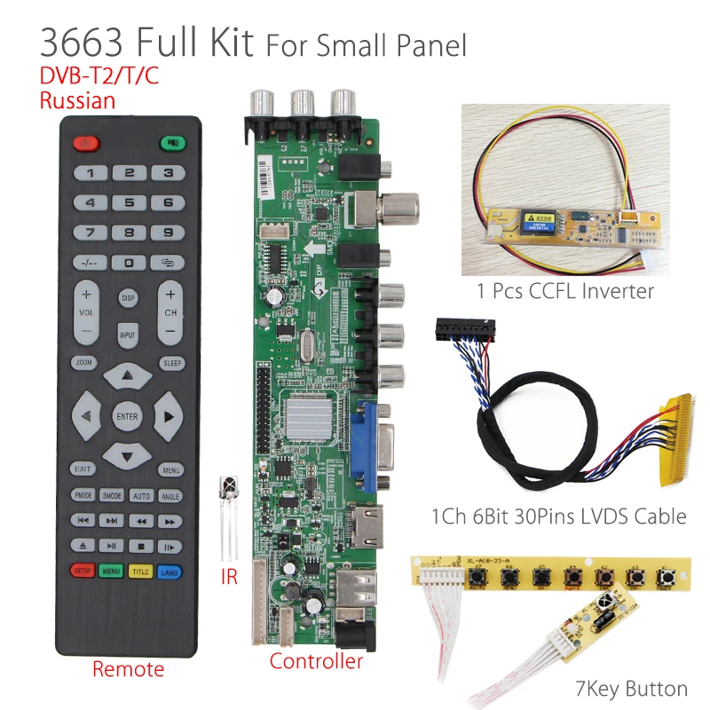 3663 цифровой сигнал DVB-T2 DVB-T/C Универсальный ЖК ТВ контроллер драйвер платы+ 7 Кнопка+ 1Ch 6 бит 30pin+ инвертор 3463A русский