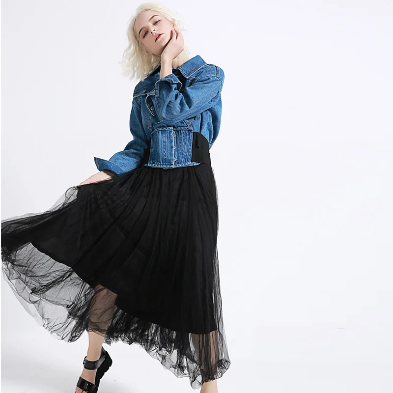TWOTWINSTYLE осенняя джинсовая куртка для женщин с лацканами длинным рукавом