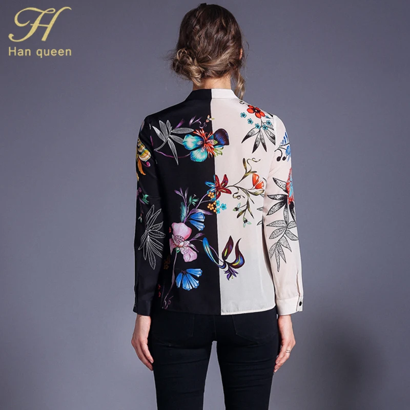 H Han Queen Patchwork Printed Contrast Color Shirts Women Summer Full Sleeve Blouses Vintage Stand Collar Work Wear Vestido