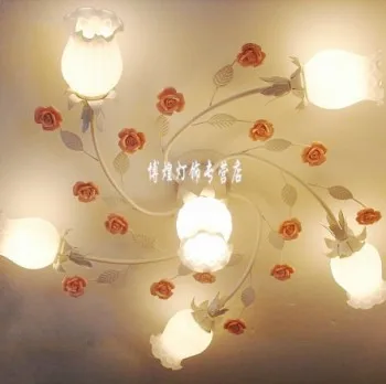 

European-style garden living room Romantic Restaurants white wrought iron pink ceramic flowers glass lampshade Ceiling Lamp c166
