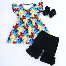 Коллекция года, модные летние комплекты для маленьких девочек из милкшелкового шелка с героями мультфильмов летние шорты, одежда с рюшами для девочек, с бантом на голову