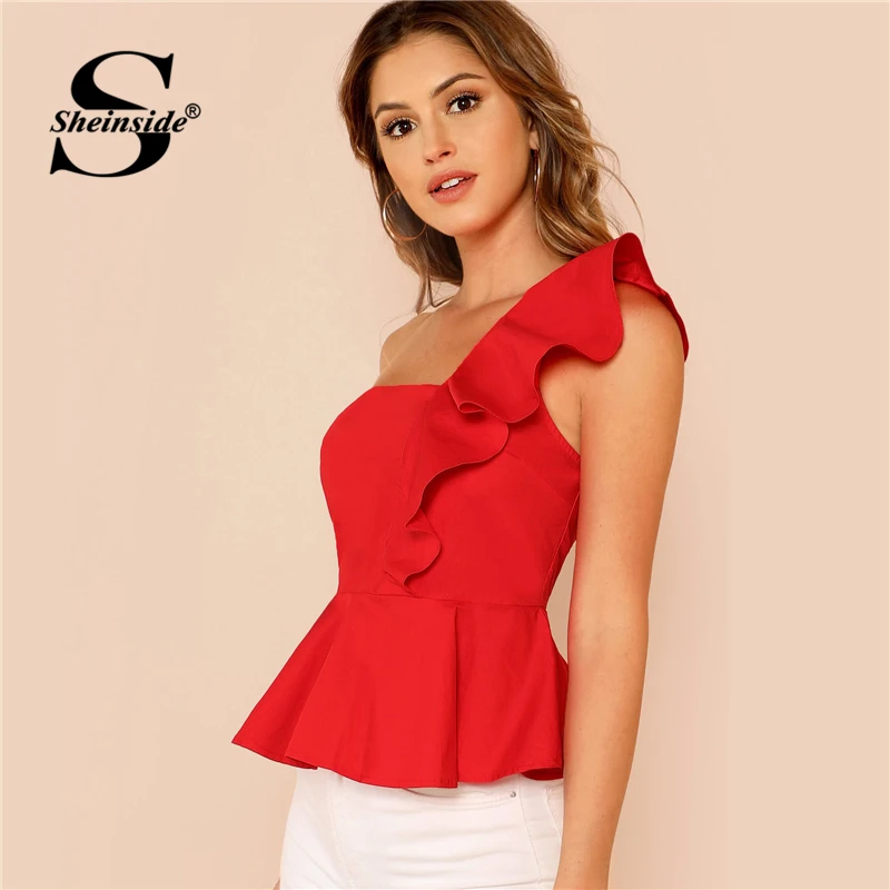  Sheinside Ruffle Trim One Shoulder Peplum Top Female Red Summer Blouse Women Shirts Slim Fit Elegan