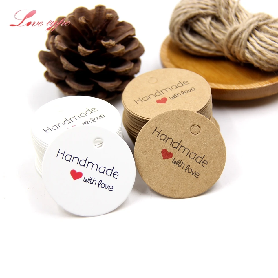 

50PCS Creative Handmade with Love Paper Tags+Rope Round Paper Card Tag Labels DIY Scrapbooking Crafts Gift Hang Tag Party Favors