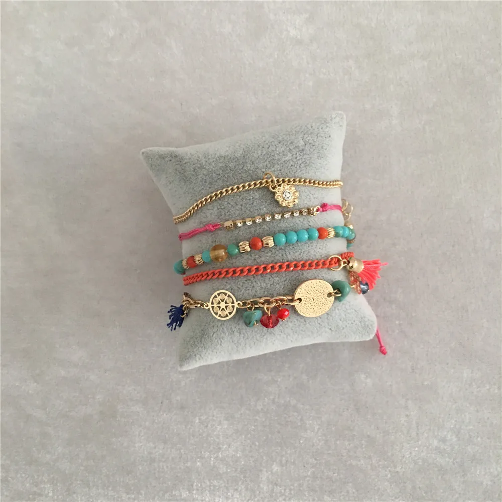 Повседневный летний праздник золотой цвет мраморная бусина нить кисточка бусина, натуральный камень круглая филигрань диск 5 ряд браслет для девочки