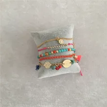 Повседневный летний праздник золотой цвет мраморная бусина нить кисточка бусина, натуральный камень круглая филигрань диск 5 ряд браслет для девочки