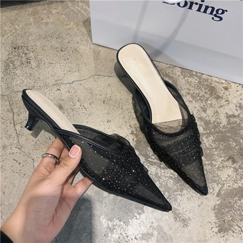 

New Lace Slippers Women Dress Shoes Ladies Small Heel Mules Women High Slippers Fashion Lace Slides Women Pointed Toe Mules