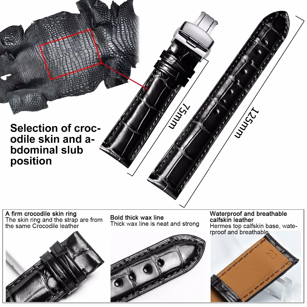 Howk ремешок для часов 18 мм 19 мм 20 мм 21 мм 22 мм 23 мм 24 мм кожаный ремешок для часов Аллигатор ремешок с Бабочкой Пряжка