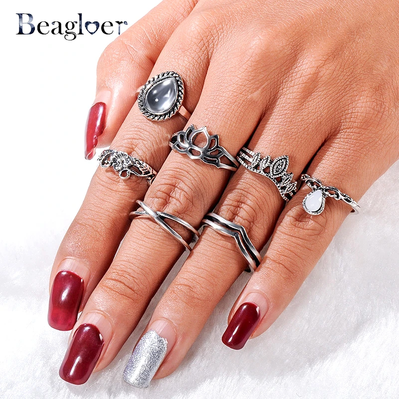 Beagloer Bohemian 7Pcs/Set Flower Jewelry Ring Set Antique Silver Midi Knuckle For Women Party