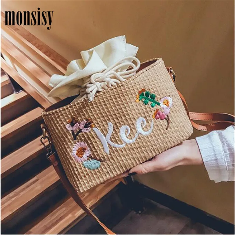 

Monsisy Summer Straw Bag Women Rattan Bag Bohemia Style Female Embroidery Flower Animal Pattern Ladies Woven Beach Crossbody Bag
