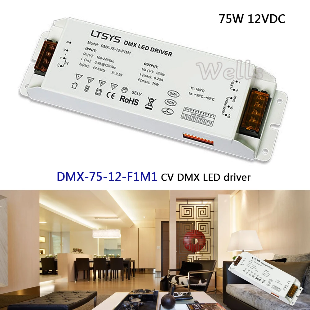 

DMX-75-12-F1M1; led dimming intelligent driver;AC100-240V input 12V/6.25A/75W output DMX512/RDM CV DMX LED driver