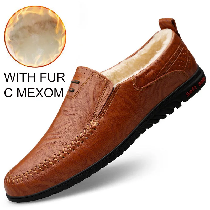 Reetene/ г. Мужская повседневная обувь модные удобные кожаные мужские лоферы Мокасины Мужская обувь на плоской подошве Большие размеры, мужская обувь 37-47 - Цвет: Brown with fur