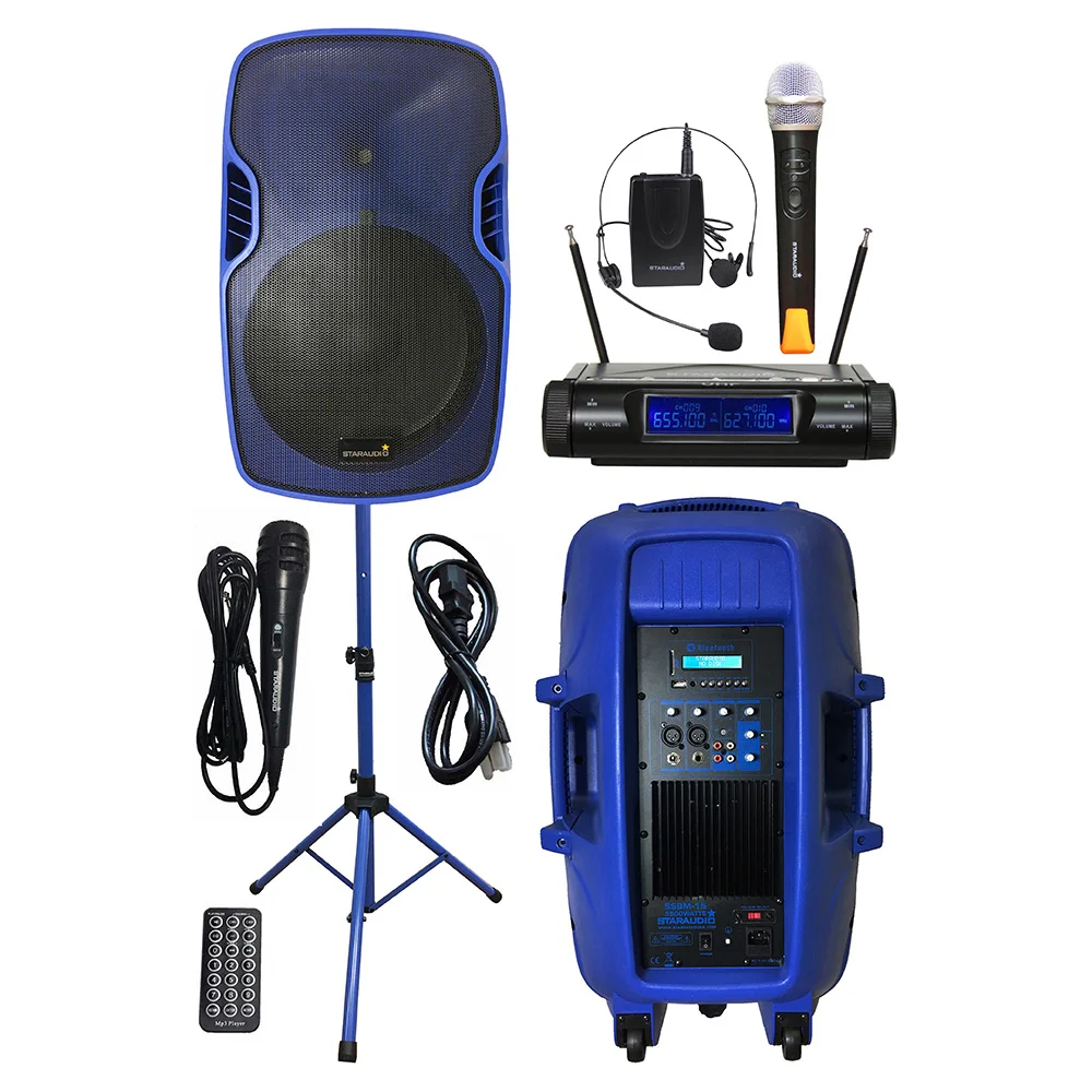 

STARAUDIO 15 Inch 3500W Powered Active DJ Speaker PA Stand Wired Microphone 2CH Wireless UHF Handheld Headset Lapel Mic SSBM-15