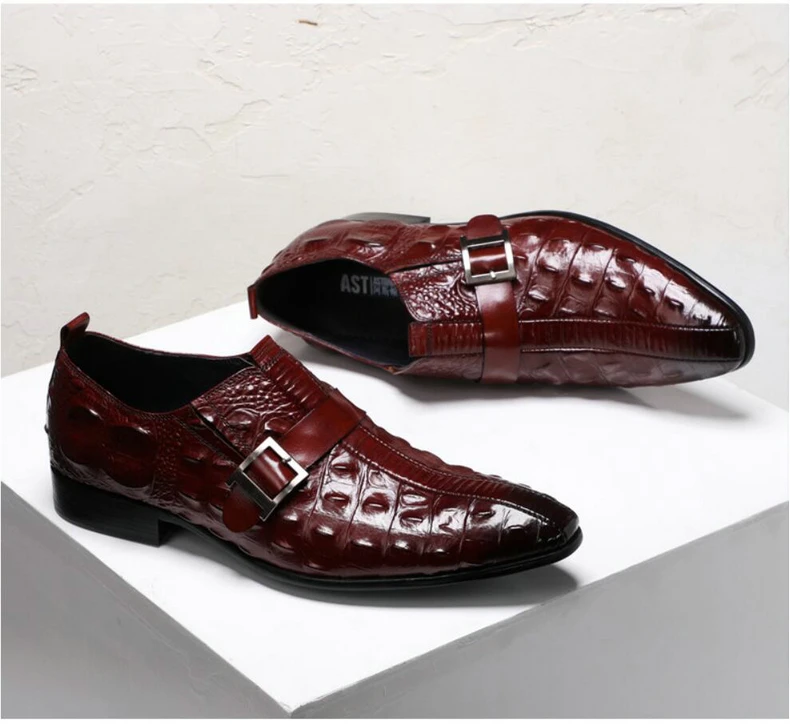 Casual Men Shoes Leather Red Formal Brogue Shoe Buckle Emboss Crocodile Genuine Leathers Mens Loafers Leather Dress Wedding Shoes (11)