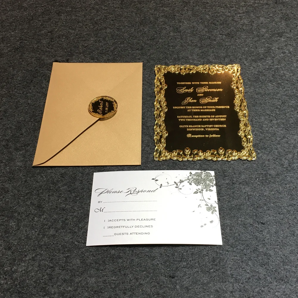  Personalised Hollow Out Pattern 5X7inch Golden Mirror Acrylic Wedding Invitation Card 100 Sets Per  - 32830031389