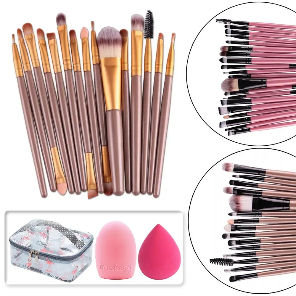 

15pcs Makeup Brushes Set Eyeshadow Powder Foundation Eyeliner Lip Pro Cosmetic Kit+Makeup Sponge/Brush Cleaner/Makeup Travel Bag