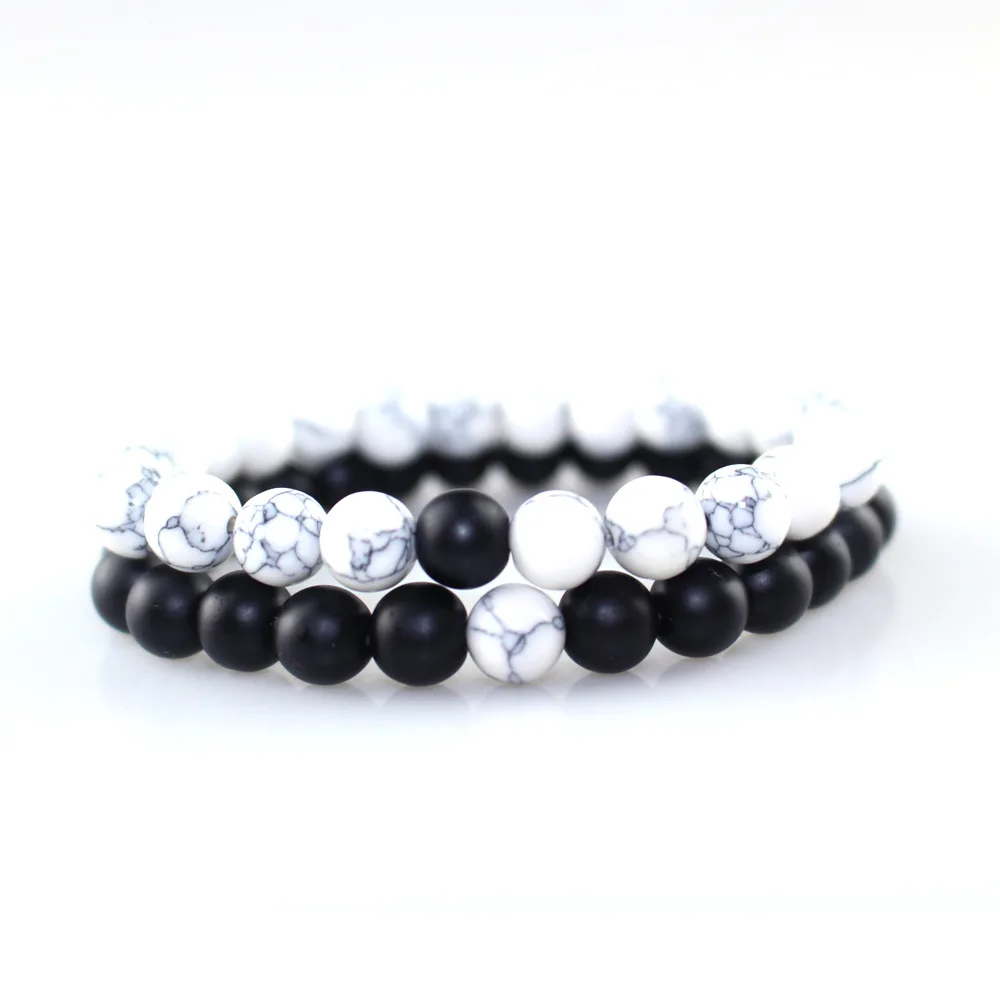 

Natural Black Onyx/Matte Onyx/Tridacna/White Howlite Stone Bead Bracelet Elastic Rope Chain Mala Bracelets for Men Women Gift
