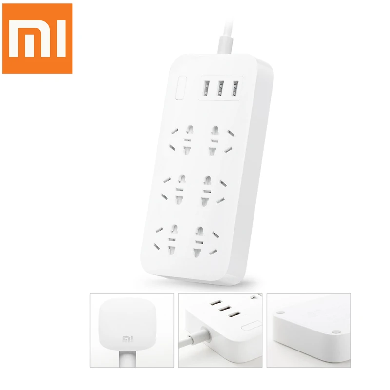 Pаспродажа Оригинальный Xiaomi мощность полосы 6 розетки и 3 порты USB защиты от перегрузки 2A 1,8 м быстрой зарядки электрический удлинитель Великобритании Е...