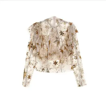 

KENVY Brand Fashion Women's High-end Luxury Spring Elegant Slim Embroidered Stars sequined Lace Shirt Top