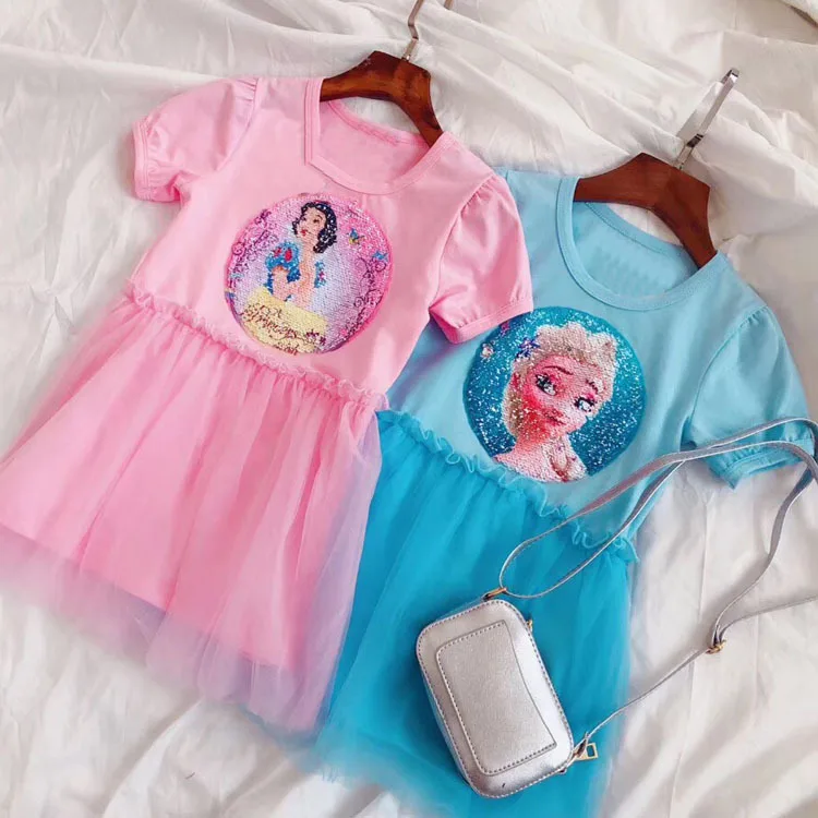 

Disney Cartoon girl dress Princess Sequin Print Children's Mesh Dress Frozen Elsa Princess spring summer lace dress