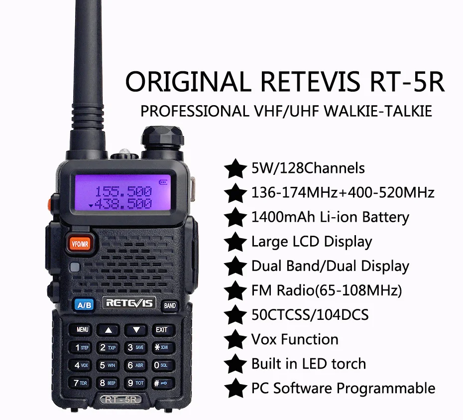 Retevis RT5R Walkie Talkie Profesional 5W 128Canales 2 Way Radio DTMF VOX FM Radio Doble Banda Transmisores-receptores con Original Auricula 5 Pacs 