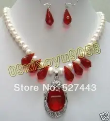 Оптовая продажа белый жемчуг Красный Кристалл Цепочки и ожерелья Серьги набор колец (a0423)
