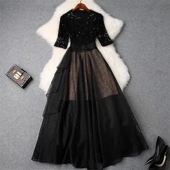 

New Fashion Designer Spring Dress Women 2019 Elegant Half Sleeve Tassel Sequined Patchwork Mid Calf Tulle Dress Party Vestidos