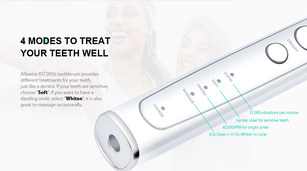 Alfawise RST2056 Sonic Electric Toothbrush Intelligent 2-min Timing with 3 Brush Heads