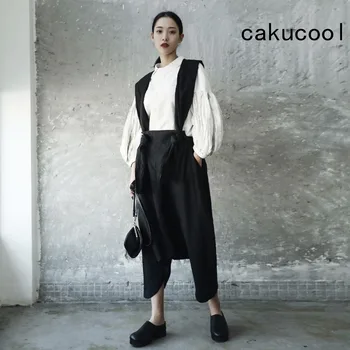 

Cakucool Darkness Black Overalls Ruffles Straps Suspender Trousers Wide Leg Ankle-length Summer Spring Loose Overall Capris Lady