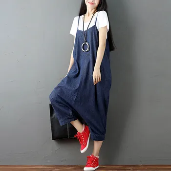 

2019 Women Strappy Sleeveless Harem Romper Loose Dungarees Overalls Denim Blue Linen Suspender Solid Bib Jumpsuit