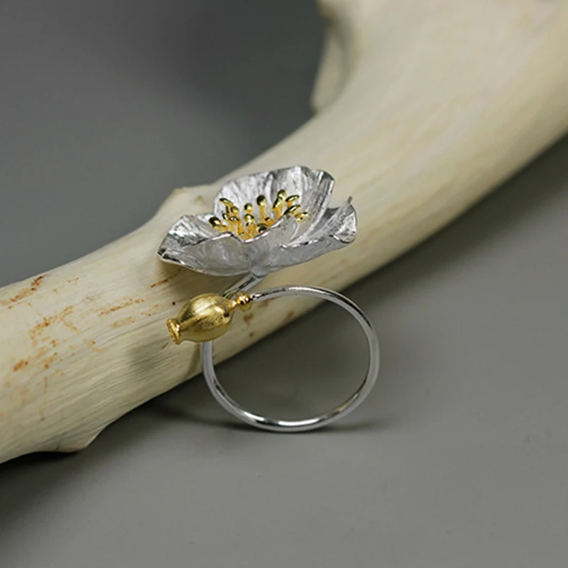 Lotus Fun Real 925 Sterling Silver Handmade Designer Fine Jewelry Blooming Poppies Flower Rings for Women Bijoux Fine Jewelry