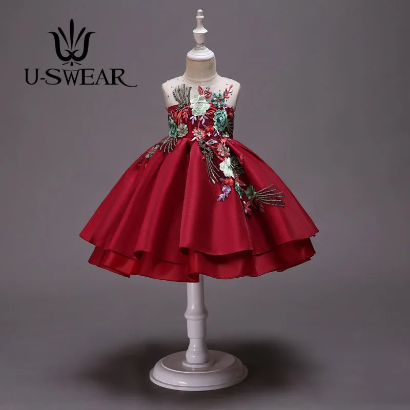 U-SWEAR; Новинка года; 3 цвета; Детские Платья с цветочным узором для девочек; бальное платье без рукавов с круглым вырезом и цветочной вышивкой для девочек; Vestidos
