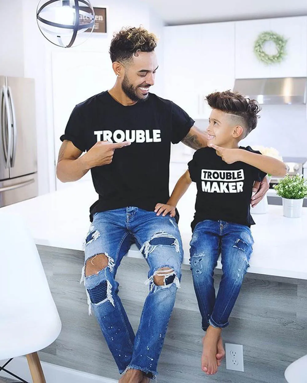 

Telotuny family matching clothes father and son T-shirt Short Sleeve Letter T-shirt Blouse Family Clothes Trouble Maker JL 05