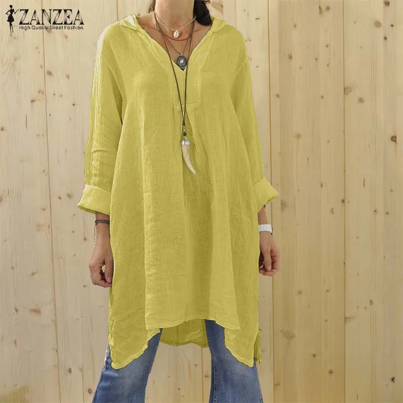  Plus Size ZANZEA Women V neck Long Sleeve Shirt Autumn Solid Cotton Linen Long Blouse Elegant Work 