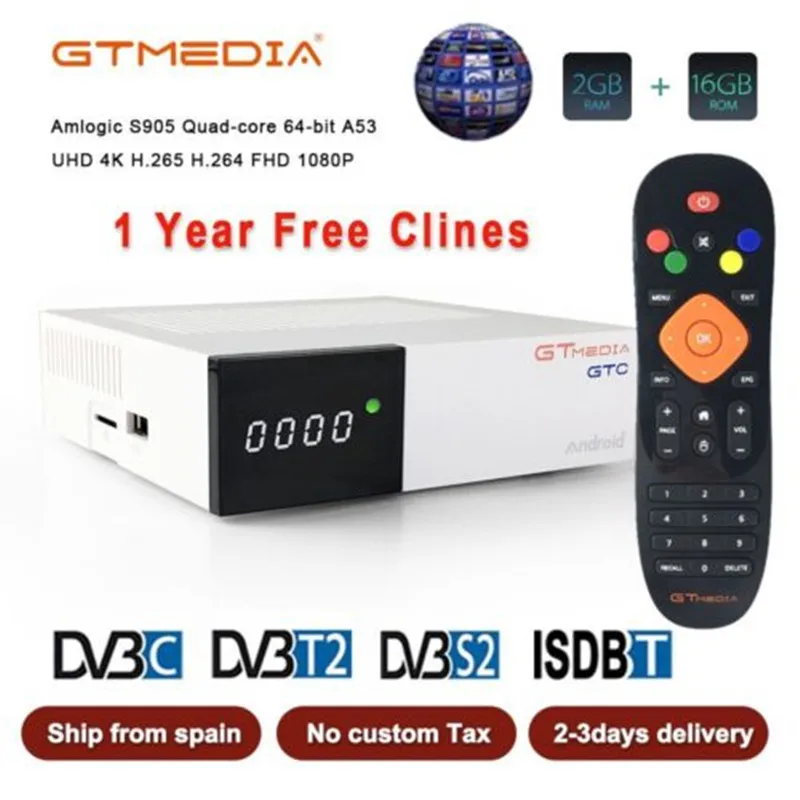 

GTmedia GTC Satellite Receiver DVB-S2 DVB-C DVB-T2 ISDB-T Amlogic S905D android 6.0 TV BOX 2GB RAM 16GB ROM BT4.0 Freesat GTC