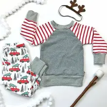 Осень-зима для малышей для маленьких мальчиков с рождественскими элементами в полоску свитер с длинными рукавами футболка и леггинсы с принтом со штанами повседневная одежда набор