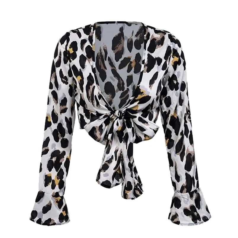 Sexy Fashion Women Long Sleeve Leopard Print Blouse V-Neck Chiffon Shirt Bandage Crop Tops Shirt For Ladies 40JA30 (1)