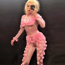 Розовый цветочный милый комбинезон со стразами цельный танцевальный блестящий костюм женский наряд на день рождения сценический для певца одежда для выступлений