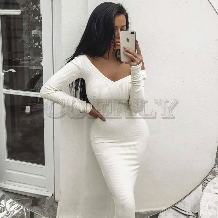 Image CUERLY Garden Ribbed summer White Dress Party Bodycon Dress Women Elegant Long Dress Midi Skinny Sexy Dresses Club Wear CUERLY