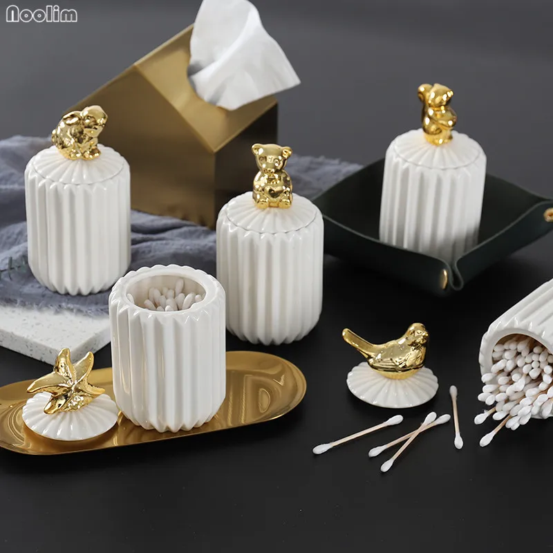 

Nordic Simple Cotton Swab Storage Box with Lid Ceramic Bathroom Toothpick Organizer Desktop Cosmetic Jewelry Storage Bottle