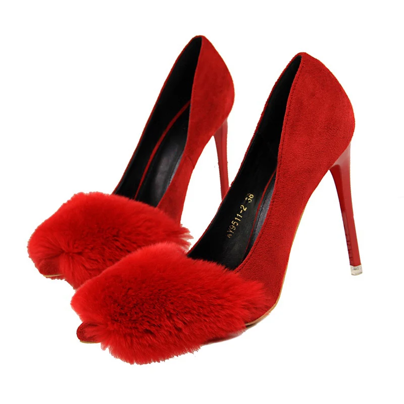 Plardin/Новинка; Женская обувь в сдержанном стиле; милые модные женские вечерние туфли из замши на меху; женские туфли-лодочки на тонком высоком каблуке - Цвет: Red