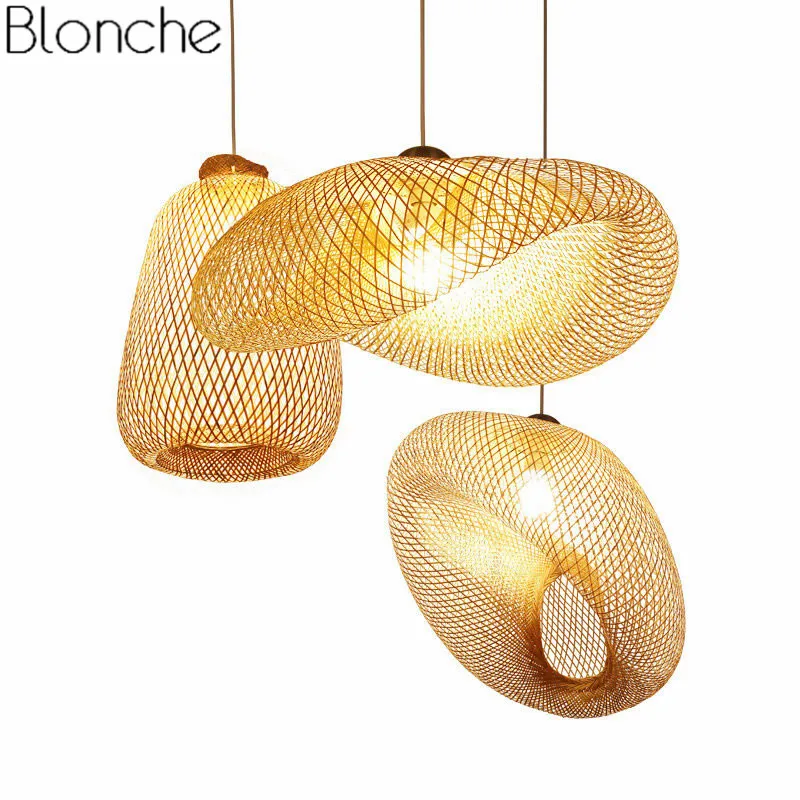 Japanese Bamboo Wicker Rattan Pendant Light Fixture Vintage Wave Shade Hanging Lamp Home Indoor Dining Room Suspension Luminaire
