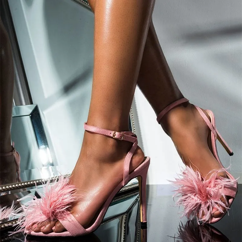 2019 Runway Tassels Feather Women Stiletto Sandals Open Toe Thin High