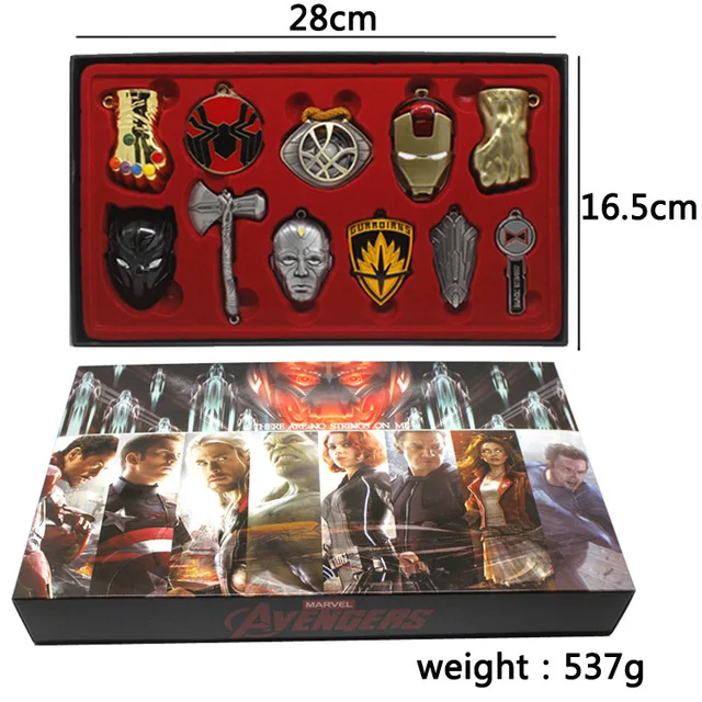 

11pcs/set Marvel Avengers Iron Man Black Panther Thanos Metal Pendants+necklace+keychain+box Ornament Cosplay Collection Gift