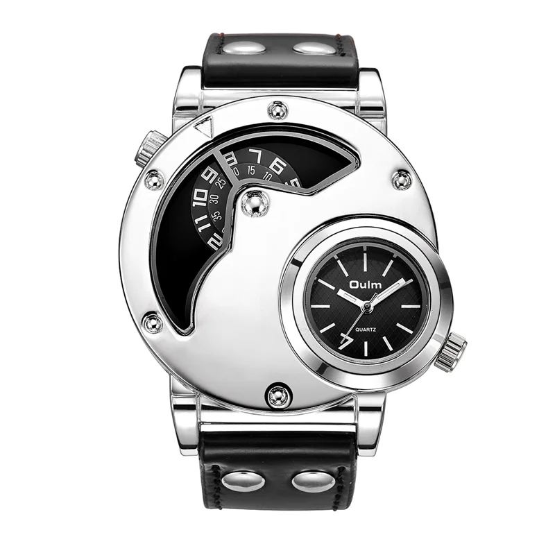 Oulm часы Мужские кварцевые часы лучший бренд класса люкс Серебряный чехол из искусственной кожи военные спортивные наручные часы два часовых пояса мужские часы - Цвет: Smooth Black