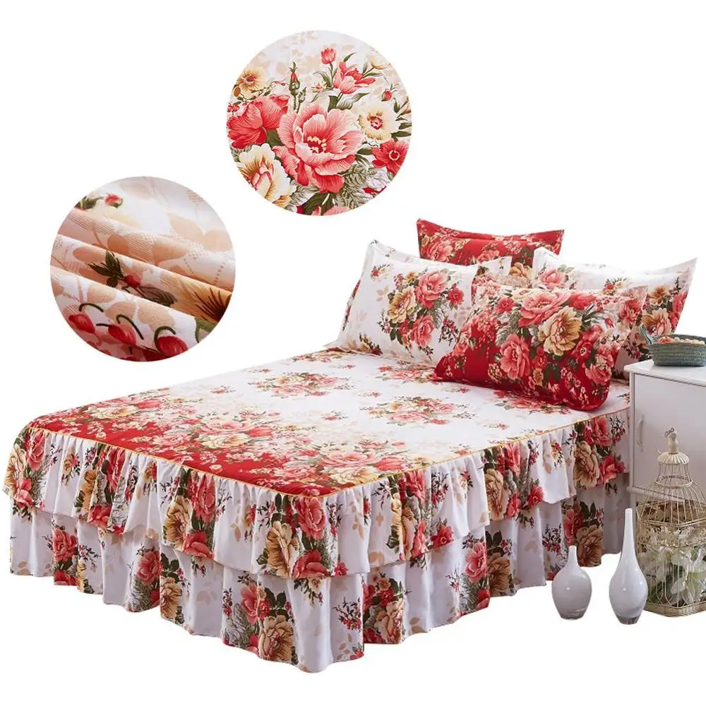 

150X200 cm Floral Queen Dust Cover Ruffle Polyester Sheet Bed Sheet Double Layer Double Layer Skirt Present