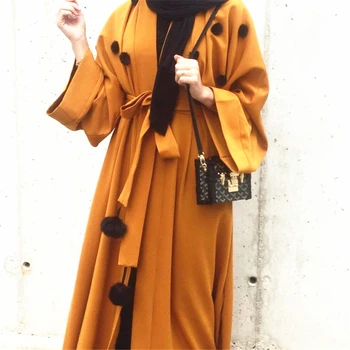 

New Cute Sweet Muslim Cardigan Orange Color Middle Eastern Robes With Fluff Ball Sash V Neck Casual Abaya Dress Long Sleeve